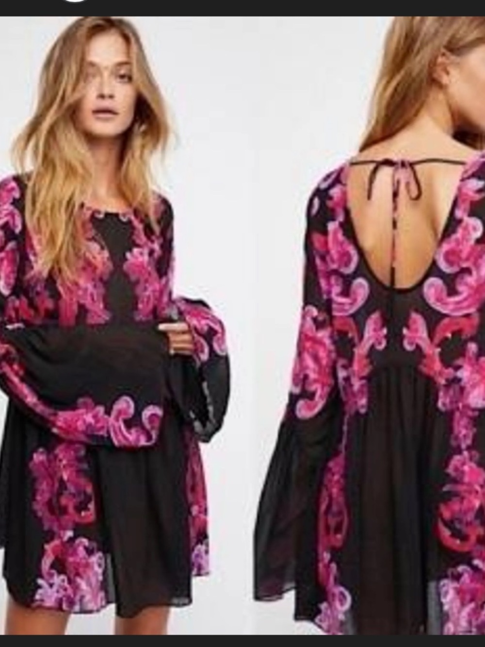 Intimately by free people Black Long-Sleeve Dress with Pink Floral Scroll Print